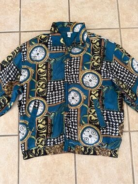 Men's Teal Patterned Bomber Jacket with Gold Accents